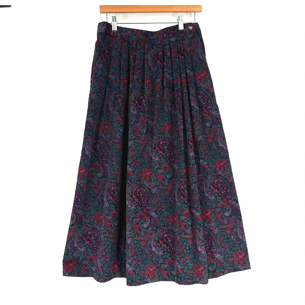 VTG 90s L L Bean Corduroy Paisley Midi Skirt Size 12 Cottagecore Pleated Prairie